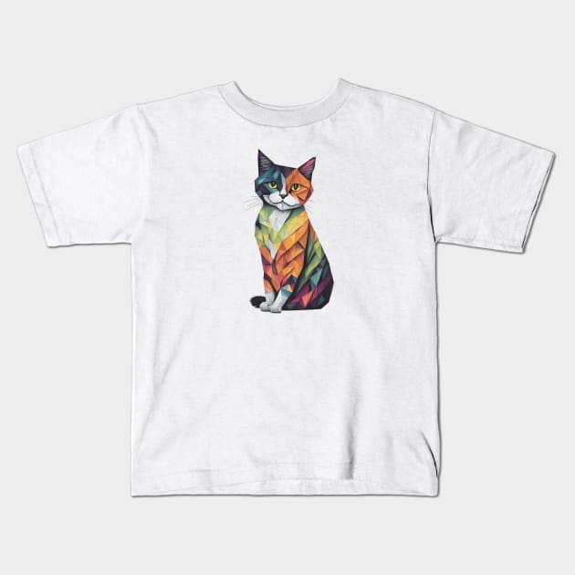 Watercolored Geometric Cat Kids T-Shirt by MonkeyStuff